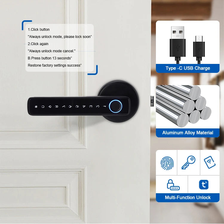 SmartTouch Luxe door lock showing multiple access options: fingerprint, passcode, RFID card, mobile app, and key