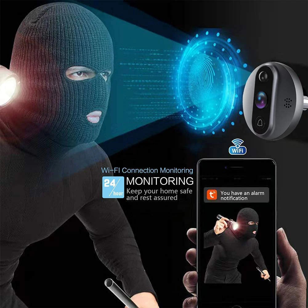 Tuya Smart App interface displaying live footage and smart alerts from the GuardianEye 360° wireless security camera.