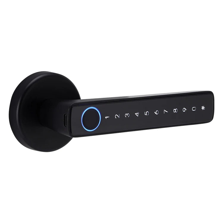 SmartTouch Luxe WiFi Fingerprint Wooden Door Lock – sleek black and gold smart lock mounted on a wooden door.